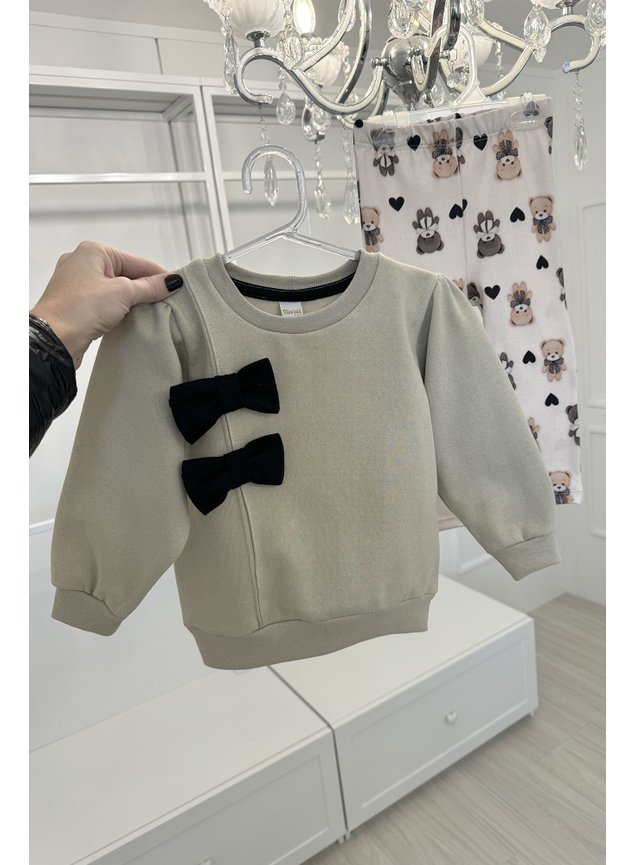 Conjunto meninas inverno bege laos ursos suplex peluciado infantil