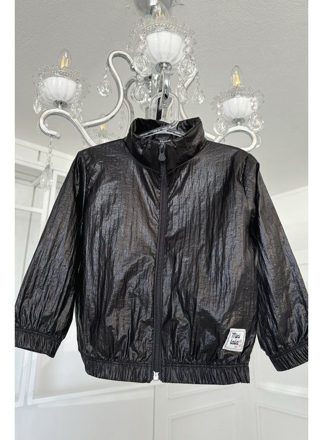 Corta vento jaqueta preto foil chique meninas infantil zper brilho