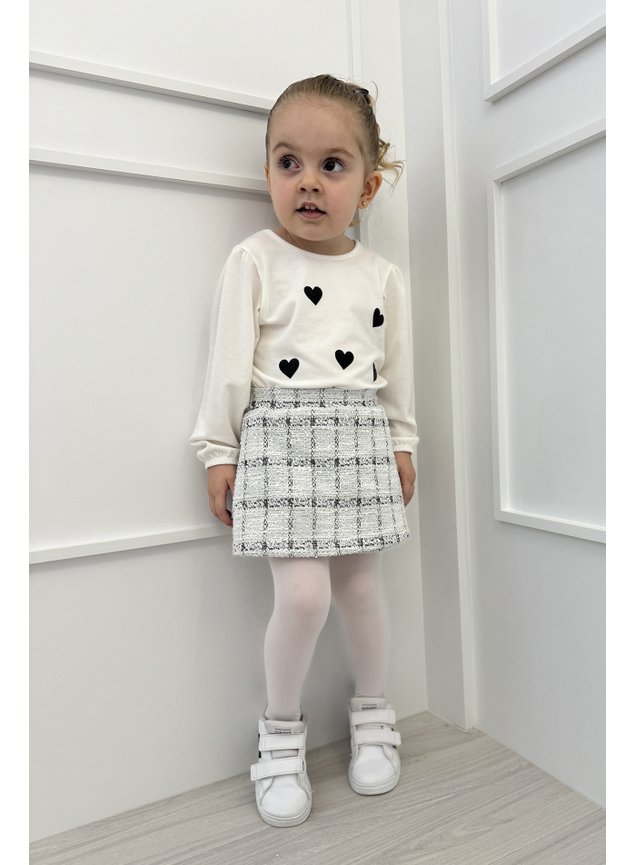 conjunto meninas infantil coracoes tweed preto branco xadrez inverno f