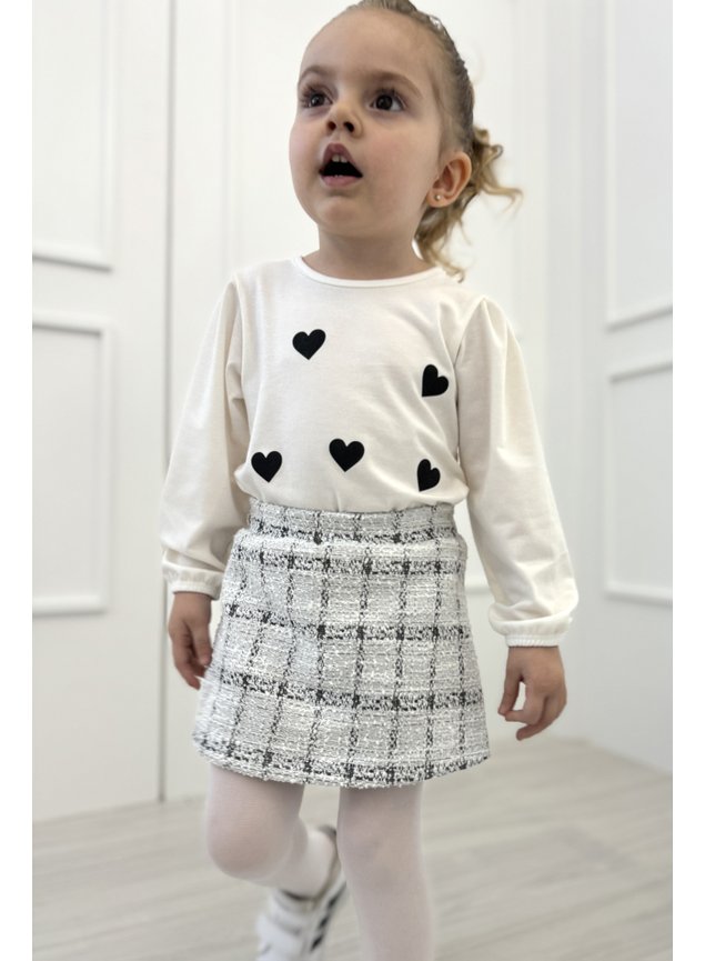 conjunto meninas infantil coracoes tweed preto branco xadrez inverno ff