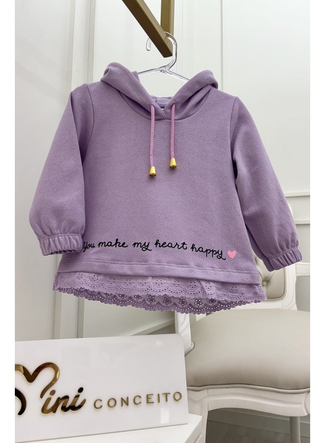 Casaco lils renda capz lavanda corao moletom peluciado meninas infantil