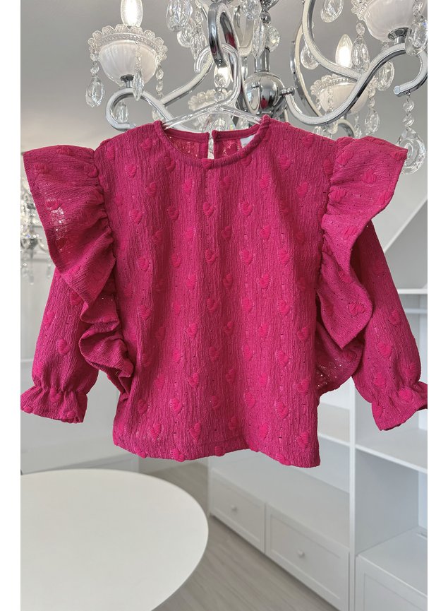 blusa manga longa babados coracoes pink botao a