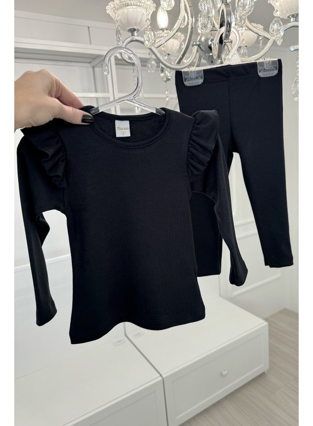 conjunto em ribana canelada babado preto manga longa aa