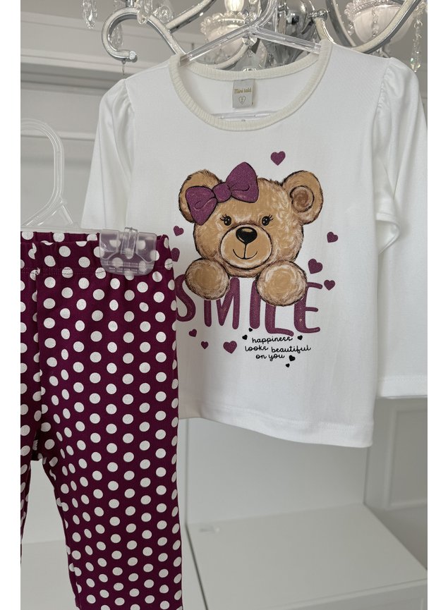 conjunto urso roxo purpura coracoes poas brilho manga comprida cotton algodao a