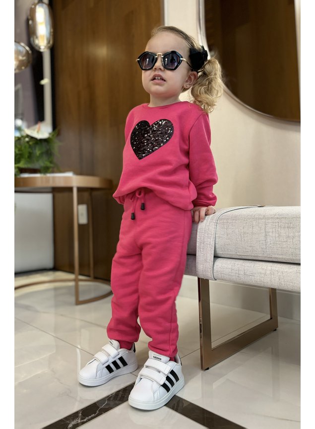 conjunto pink meninas coracao preto moletom cadarco inverno infantil