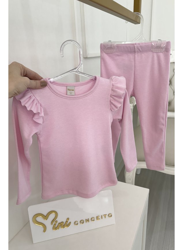 conjunto meninas rosa ribana canelada manga longa babado