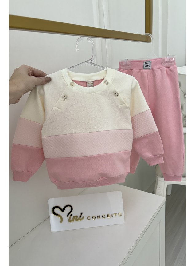 Conjunto moletom recortes rosa off chiclete botes inverno menina infantil