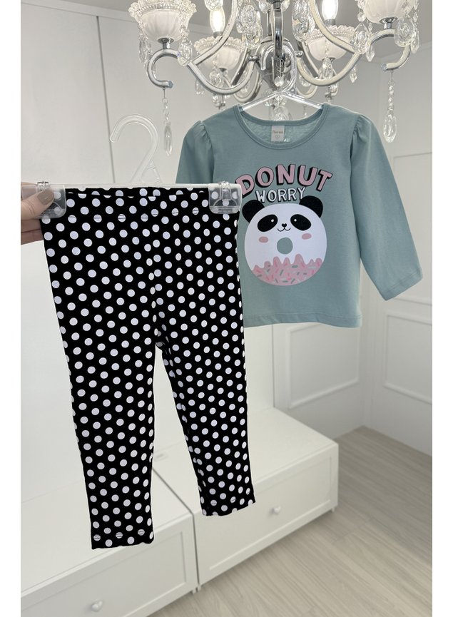 Conjunto manga longa panda donnut pos verde preto branco rosa menina infantil