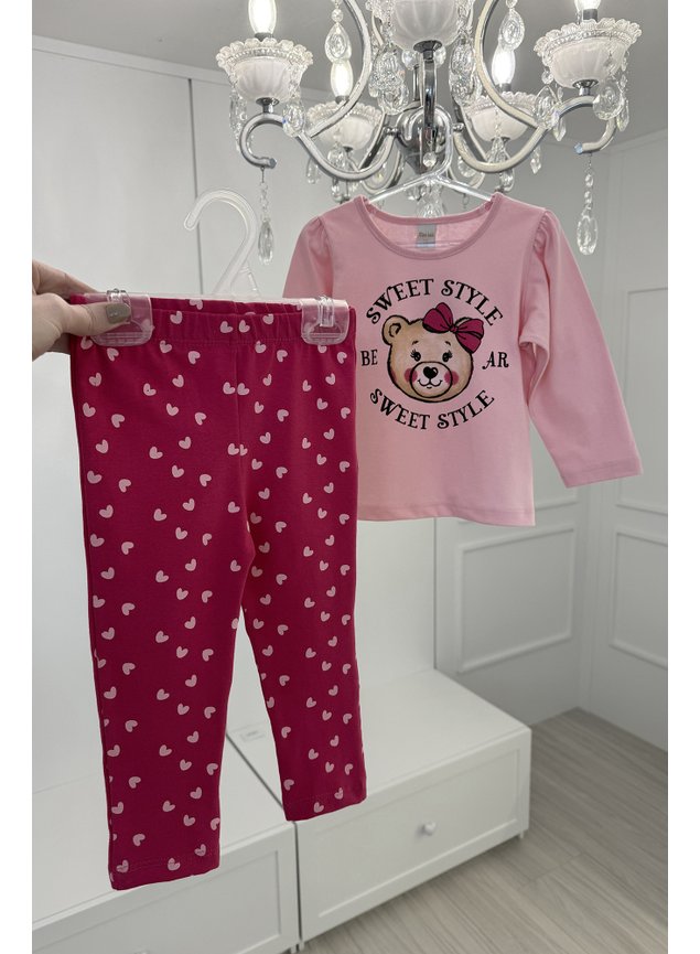 Conjunto manga longa urso pink rosa menina infantil corao