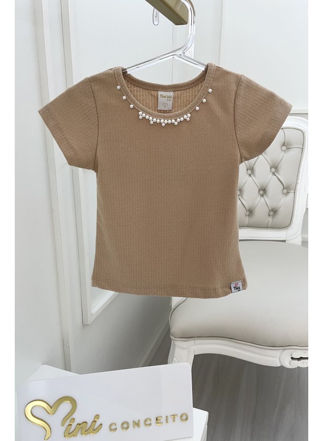 Blusa prolas bege meninas infantil manga curta