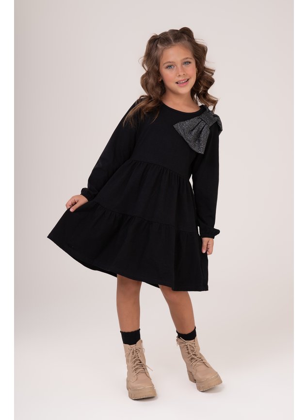 vestido preto laco brilho manga comprida recortes infantil menina a