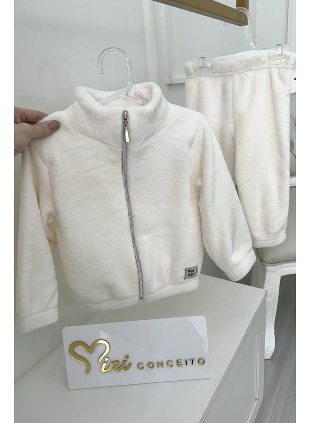 conjunto menina infantil pelo branco off peluciado inverno jaqueta calca