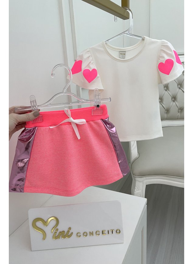 conjunto blusa shorts saia rosa neon metalizado coracoes meninas infantil d
