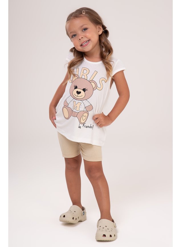 conjunto urso bege nude urso shorts blusa menina infantil