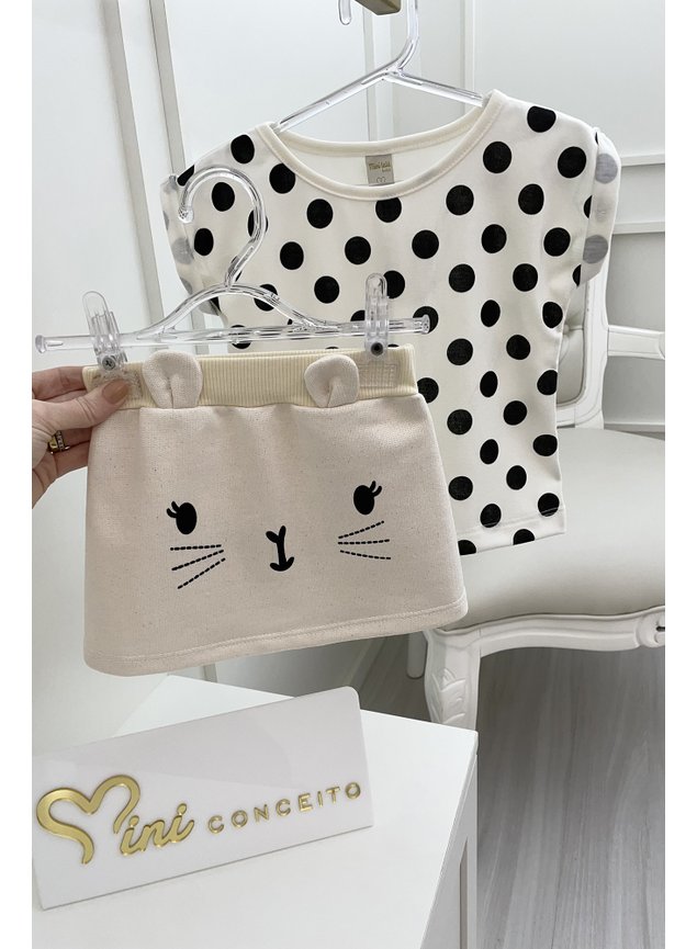 conjunto urso off branco preto gato urso shorts saia poas blusa menina infantil a