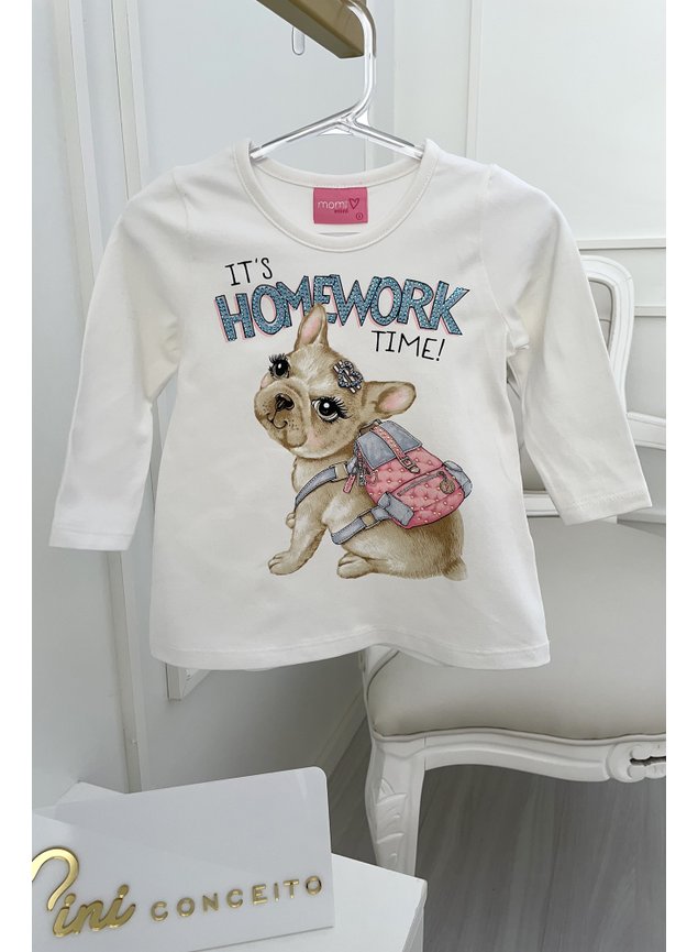 Blusa manga longa cachorrinho menina infantil estampa branca off
