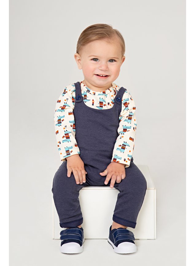 conjunto jardineira marinho bichinhos menino infantil bebe a