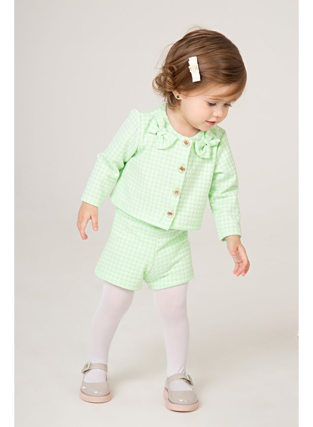 conjunto verde xadrez laco shorts casaco botao menina infantil