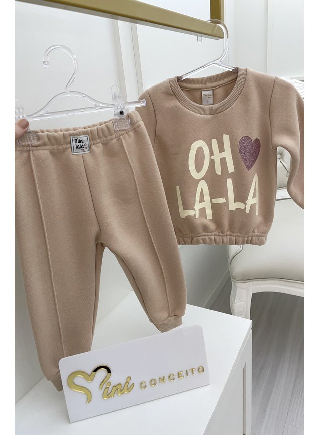conjunto moletom peluciado premium casaco calca bege estampa menina infantil