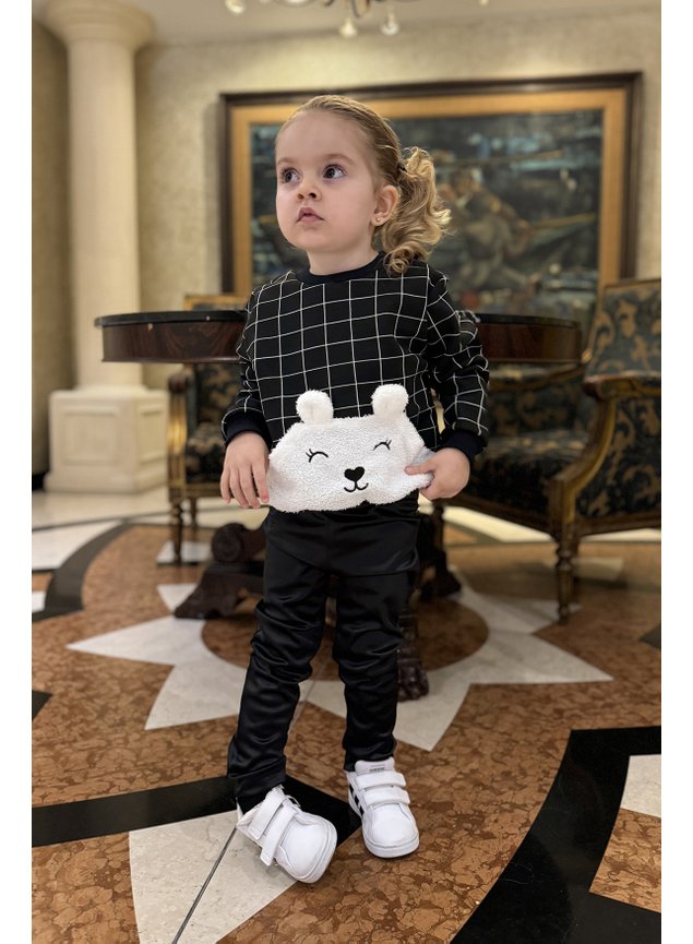 conjunto infantil menina preto e branco xadrez pelo urso calca casaco moletom legging b