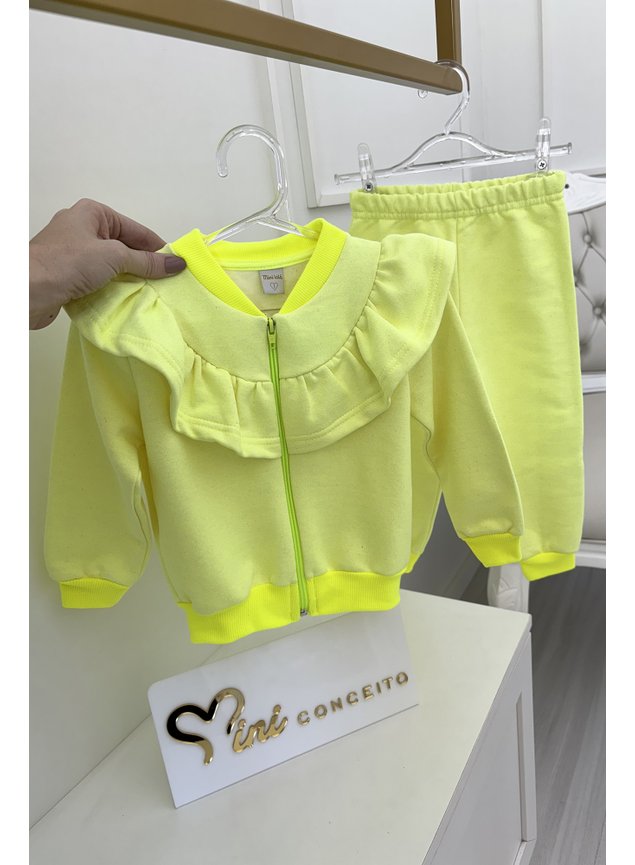 conjunto amarelo verde neon moletom jaqueta calca ziper menina infantil b