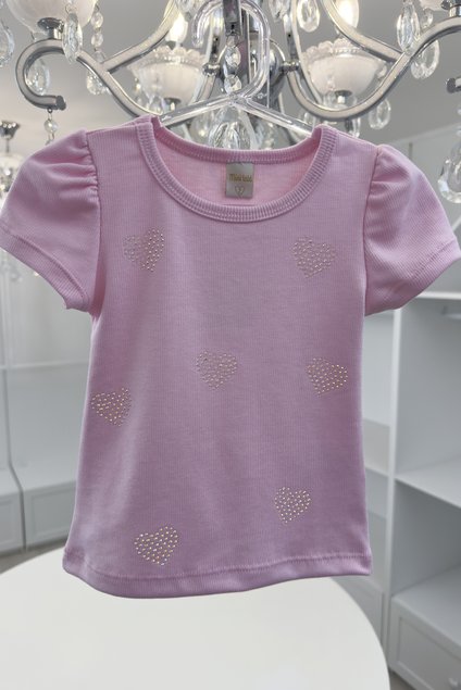 blusa manga curta rosa coracao strass brilho ribana canelada menina infantil