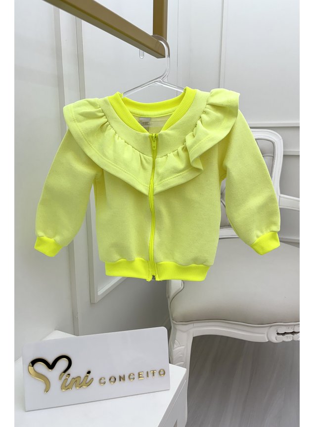 jaqueta amarelo neon verde neon babado ziper menina infantil