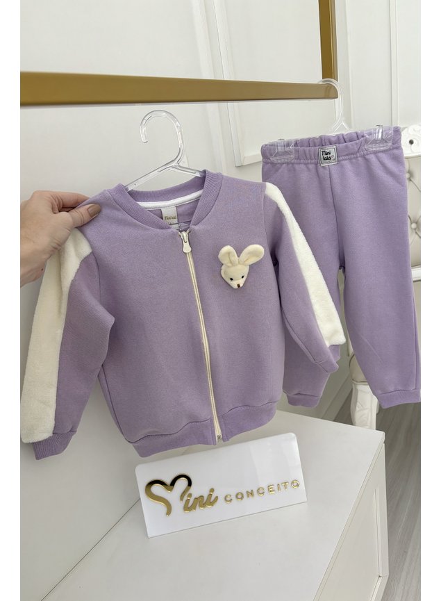 conjunto jaqueta roxa lils lavanda pelo branco coelho zper menina infantil moletom