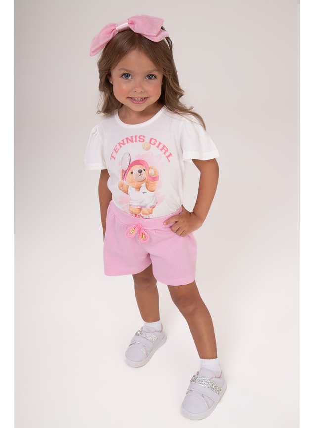 conjunto urso rosa manga curta shorts menina infantil esporte bb