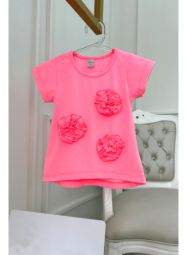 blusa rosa neon flores menina infantil manga curta