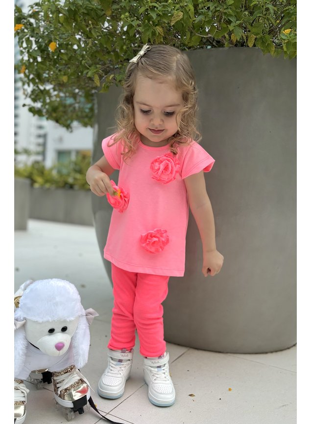 blusa rosa neon flores menina infantil manga curta a