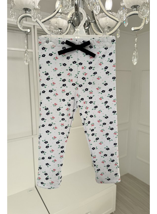 calca em ribana canelada menina infantil cadarco legging branco off flores bb