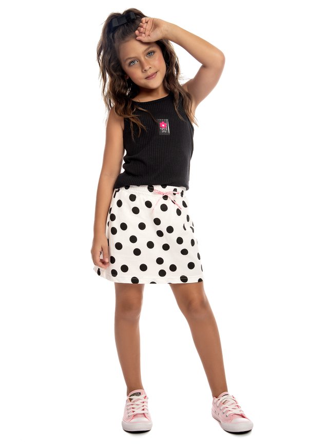Conjunto menina preto branco pos cadaro regata blusa shorts saia infantil