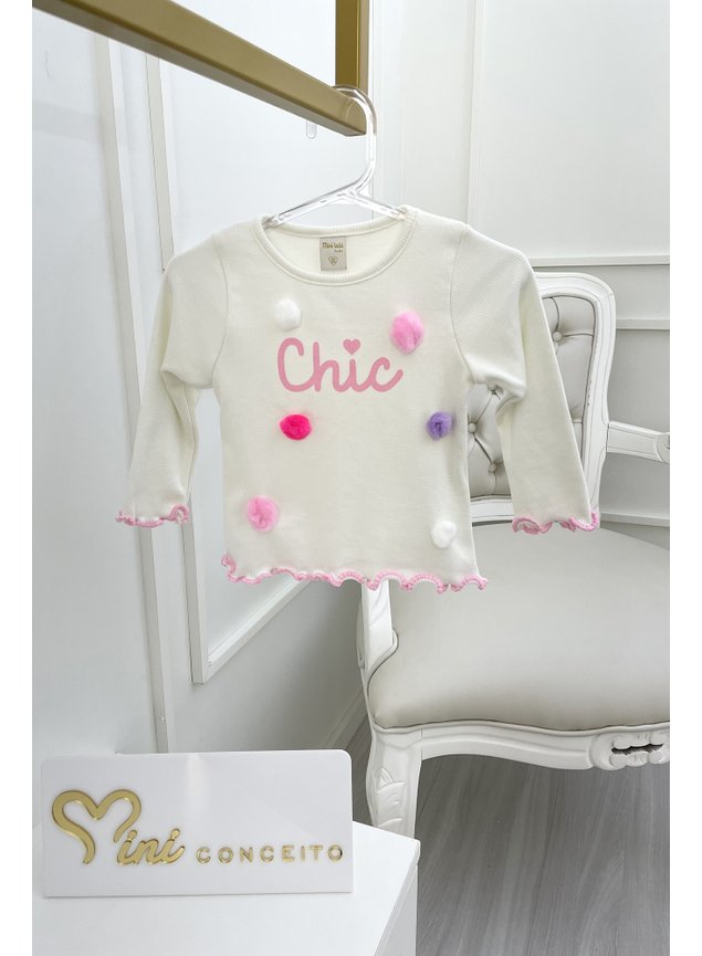 blusa manga longa pompom chic off branco rosa menina infantil