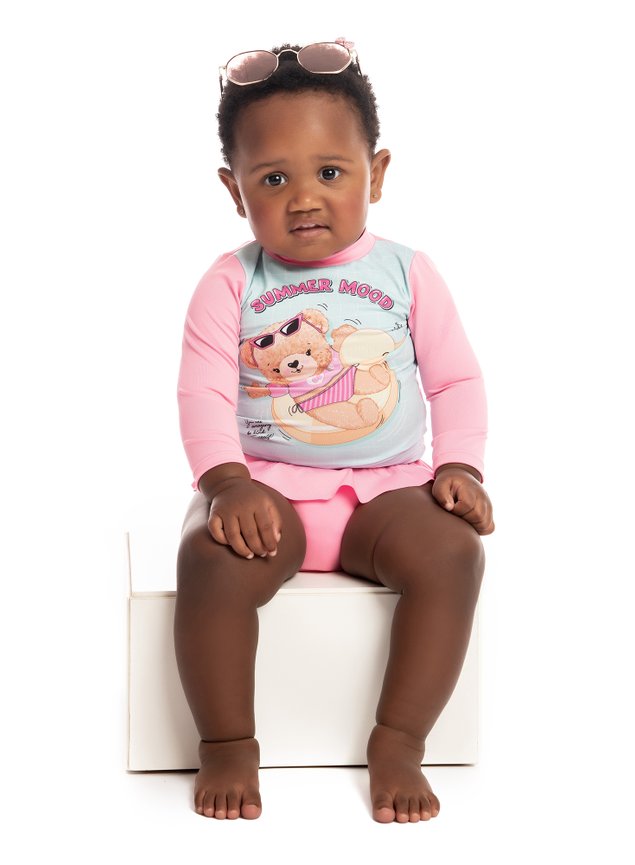 maio mai biquini menina infantil rosa azul urso bebe praia proteo uv