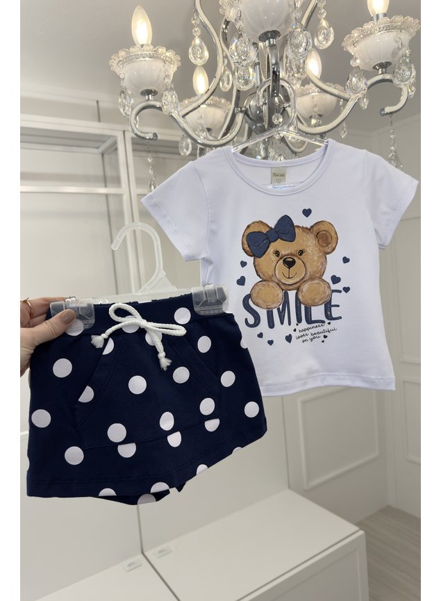 conjunto urso marinho poas coracao off branco shorts saia blusa a