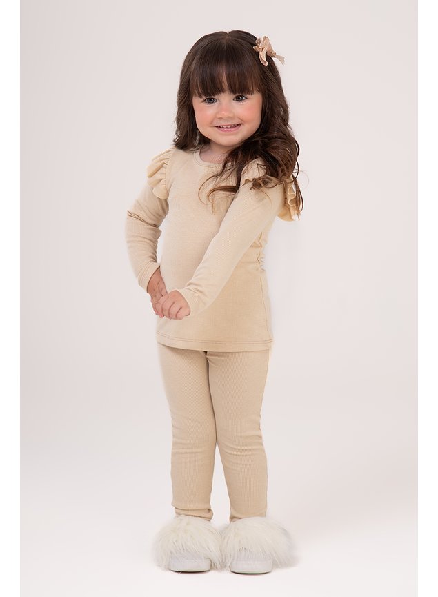 CONJUNTO CANELADO NUDE MENINA BABADO ESTILOSA FASHION