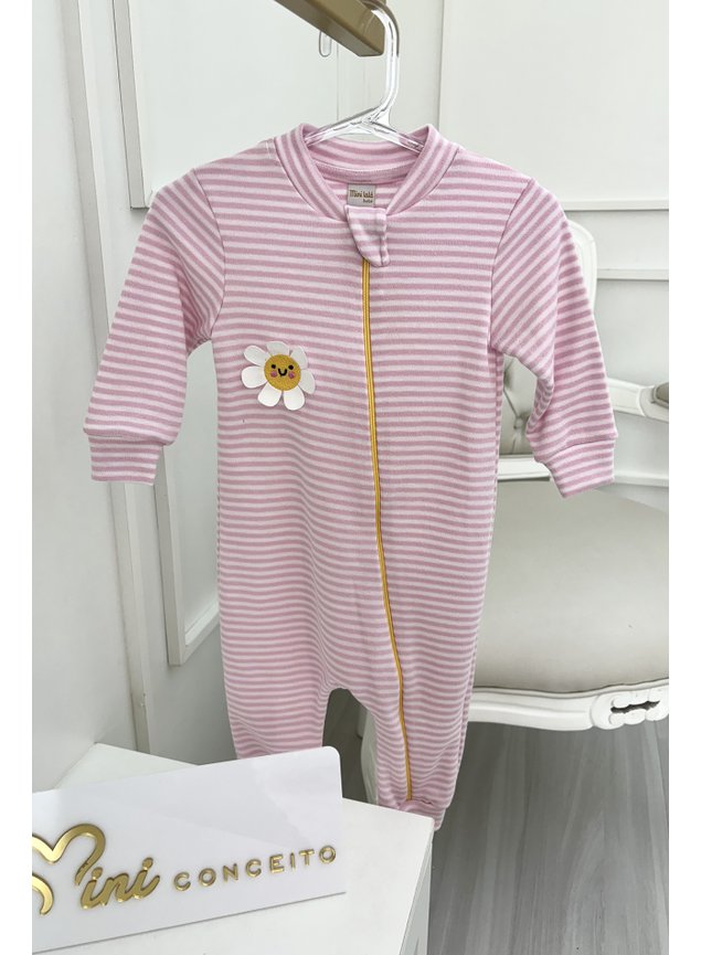 macacao rosa listras flor menina infantil manga longa ziper