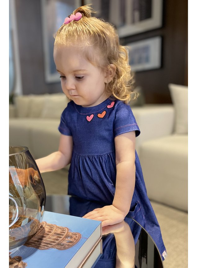 vestido jeans rodado bolso coracoes marinho menina bebe infantil