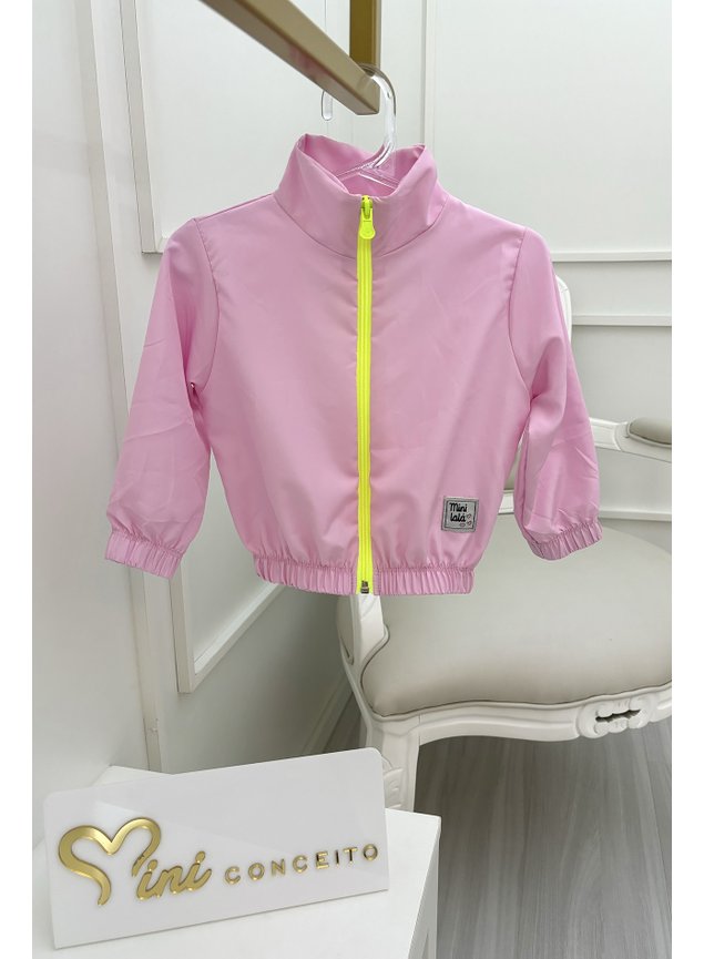 Jaqueta corta vento rosa zper amarelo neon menina infantil