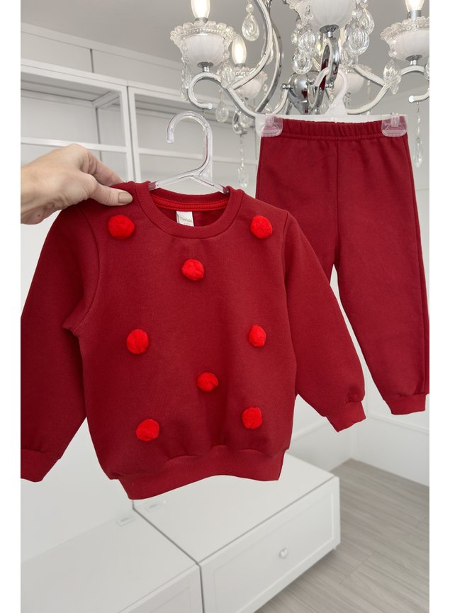 Conjunto moletom pompom bolinhas vermelho menina infantil casaco cala