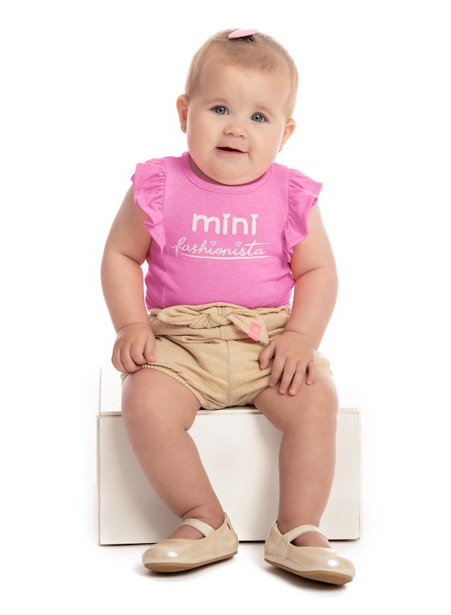 conjunto body babado rosa neon shorts laco bege bebe menina mini fashionista infantil