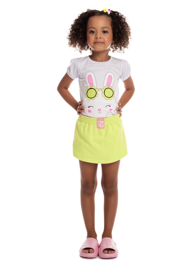 conjunto menina infantil off branco coelho verao blusa shorts saia verde amarelo neon