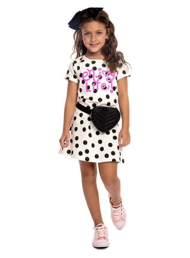 vestido reto branco poas preto manga curta menina infantil