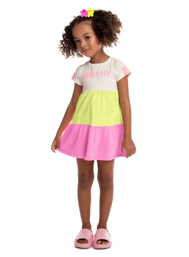 vestido menina infantil camadas tres marias flores colorido rosa verde neon