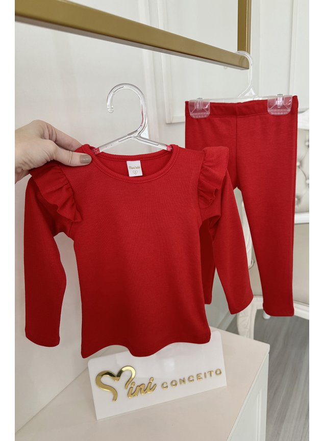 conjunto manga longa em ribana canelada vermelho babado infantil menina miniconceito