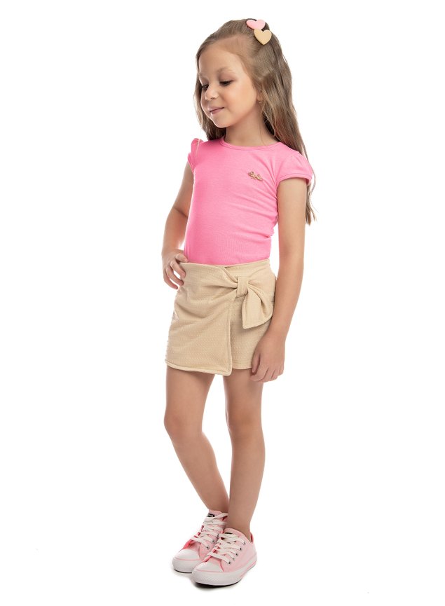 Conjunto menina blusa manga curta shorts saia lao rosa bege nude  infantil