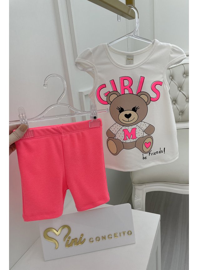 conjunto infantil vero urso strass brilho rosa neon off blusa shorts miniconceito