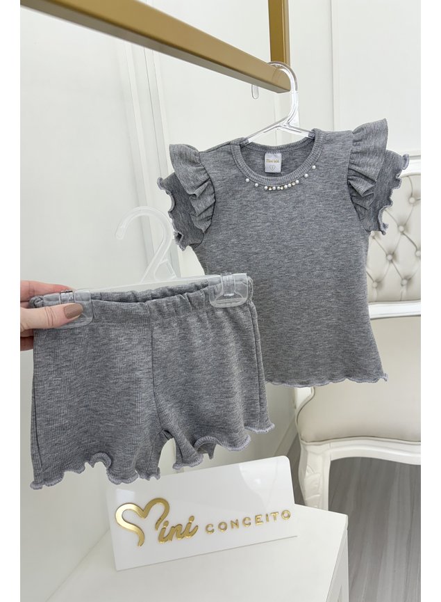 Conjunto bebe menina infantil mescla cinza miniconceito babado shorts blusa prolas