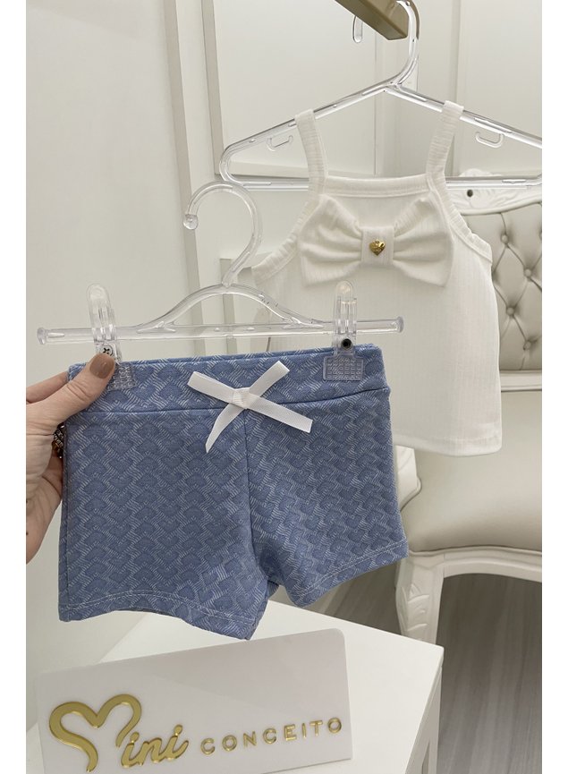 Conjunto bebe menina infantil branco off marinho miniconceito lao shorts regata blusa
